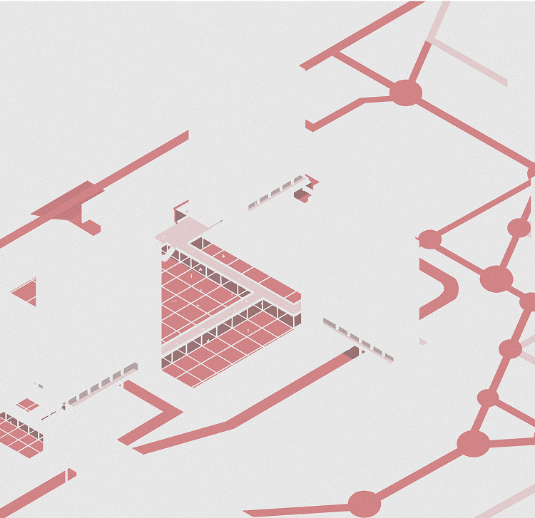 The paths run over the site as a literal red thread, forming a continuous, architectural promenade.